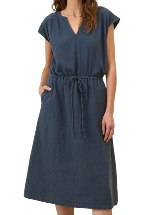 Pact Dresses & Skirts - Pact Organic Cotton Navy Blue Scoop Gauze Neck Midi Dress with Waist Tie M